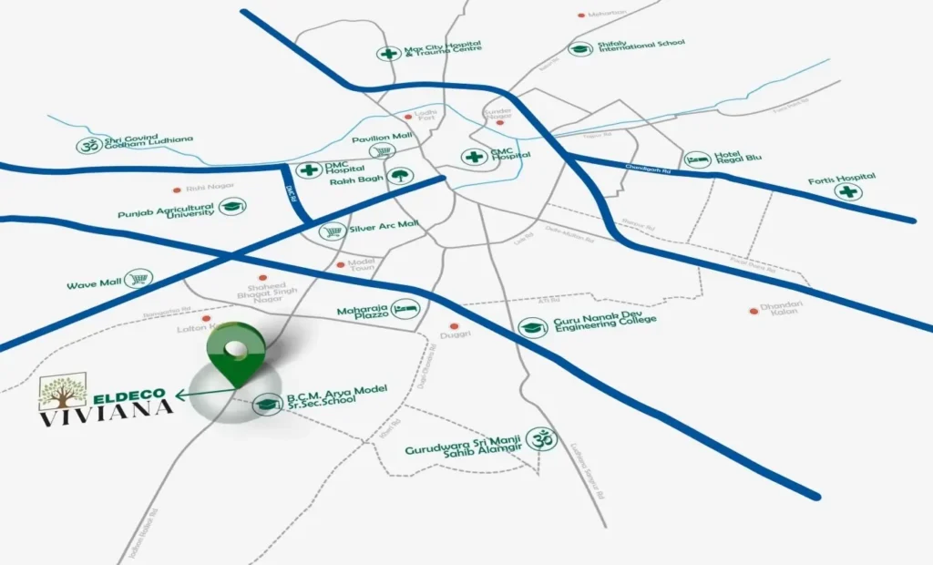 Eldeco Viviana location map showing schools, hospitals, and malls nearby