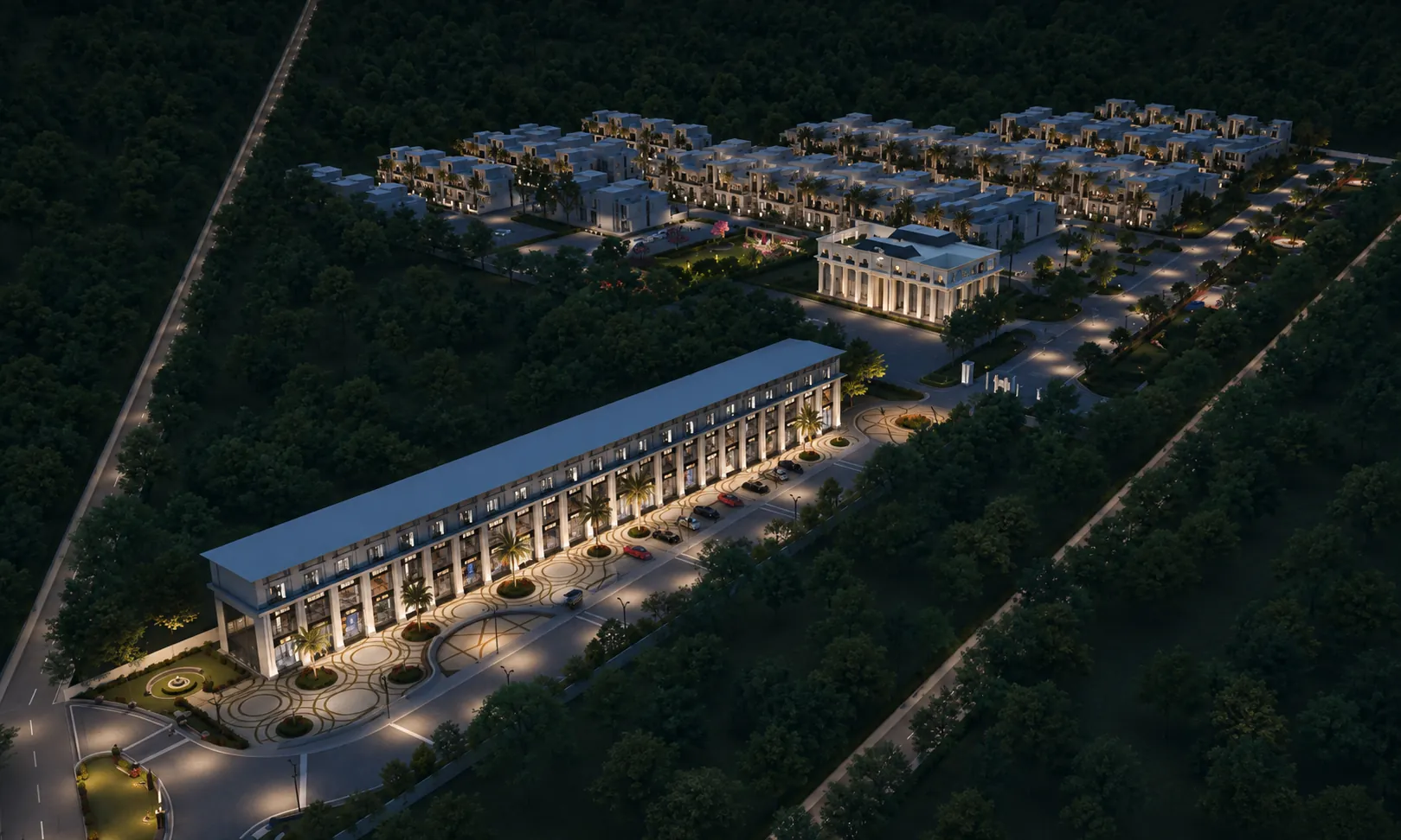 Eldeco Viviana Ludhiana aerial night view of villas, clubhouse, and retail plaza