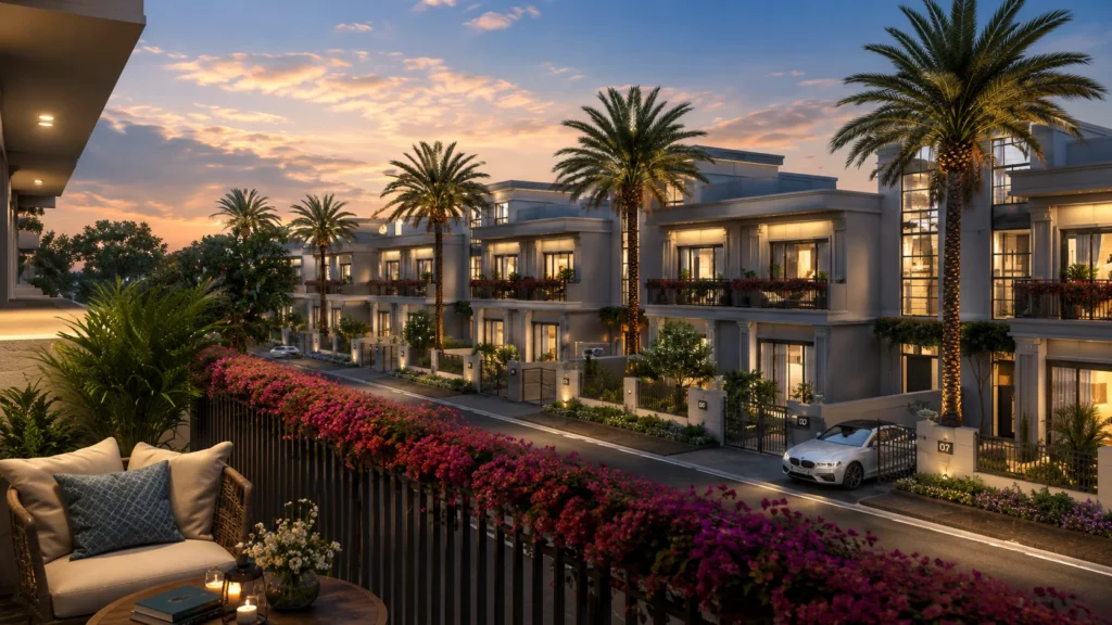 Eldeco Viviana duplex villas street view at dusk, Pakhowal Road Ludhiana