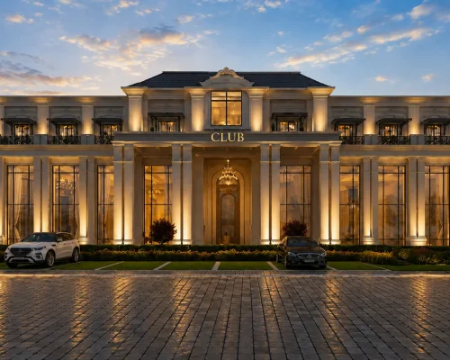 Eldeco Viviana clubhouse facade lit up in the evening, Ludhiana