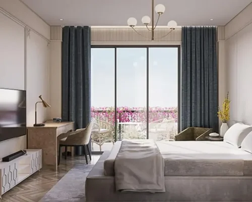Master bedroom interior with balcony view in Eldeco Viviana villa